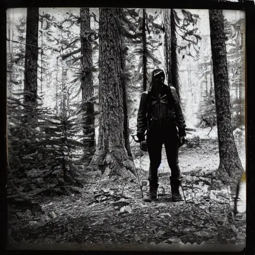 Image similar to a polaroid picture of a hiker in a forest before he went missing there is a wendigo hiding in the background,