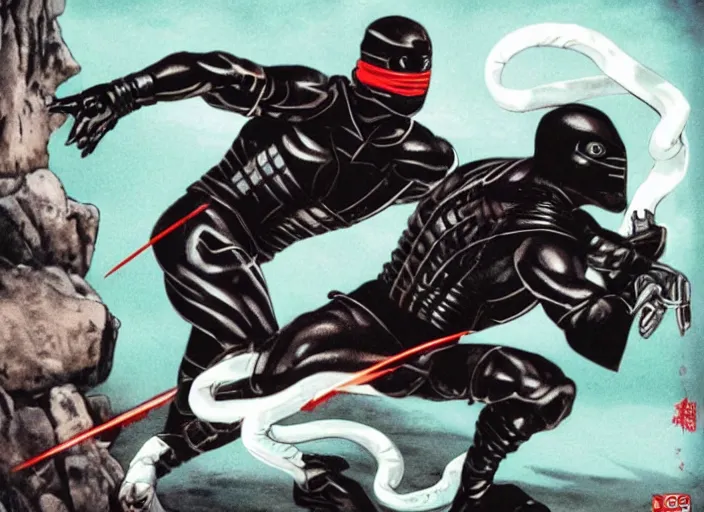 Prompt: Snake Eyes and white ninja fighting