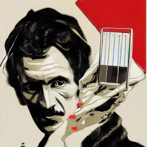 Image similar to portrait of nikola tesla holding wireless light, hanafuda oil on canvas by ivan shishkin, james jean and yoji shinkawa