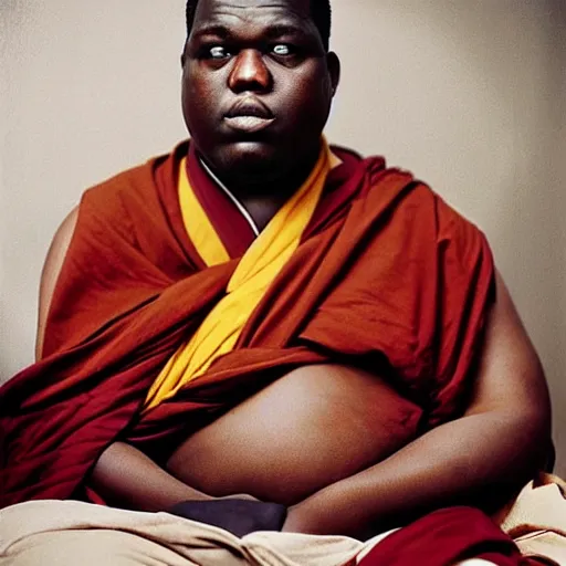 Prompt: in this detailed photography from Annie Leibovitz we can see the Notorious BIG, a buddhist monk who turned into the new Dalai Lama