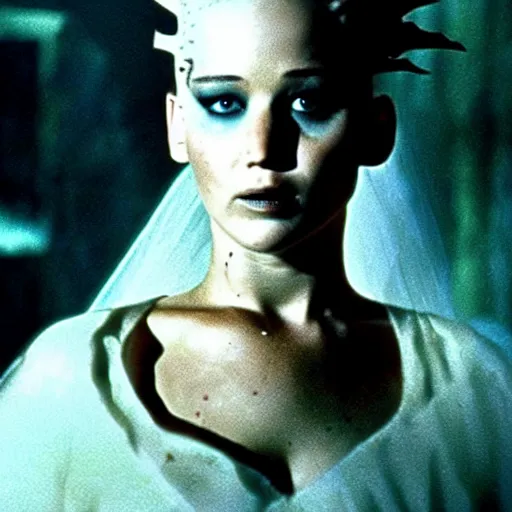 Image similar to jennifer lawrence as the bride of frankenstein, color photography, sharp detail, still from the movie van helsing