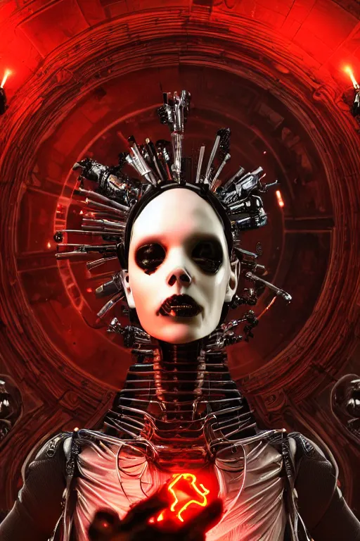 Image similar to full-body cyberpunk style sculpture of a young beautiful dark priestess, half android with a head opening exposing circuitry, glowing red eyes, black roses, flowing blood-red colored silk, fabric, candles. baroque elements. human skull. full-length view. baroque element, intricate artwork by Caravaggio. crows flying in background. Trending on artstation. octane render, cinematic lighting from the right, hyper realism, octane render, 8k, depth of field, 3D