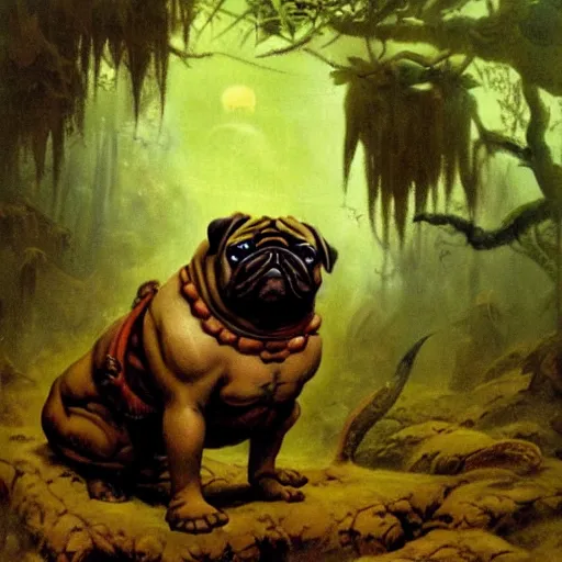 Image similar to muscular oversized warrior pug in mystical foggy jungle by frazetta