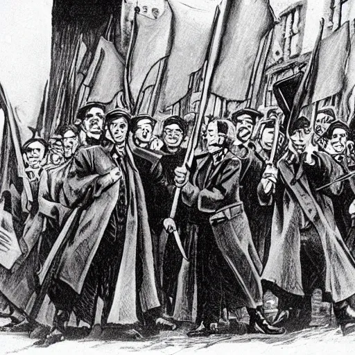 Image similar to Harry Potter and russian revolution 1917, colored, red flags