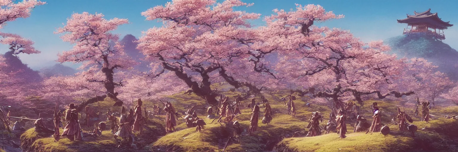 Image similar to awe-inspiring bruce pennington landscape digital art painting of two groups of samurai meeting in battle in Feudal Japan, cherry blossoms on trees, 4k, matte