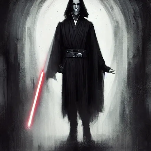 Image similar to portrait of a man by greg rutkowski, he looks like a vampire, long black messy hair, very tall and slender, star wars expanded universe, wearing black robes, he is about 3 0 years old, highly detailed portrait, digital painting, artstation, concept art, smooth, sharp foccus ilustration, artstation hq