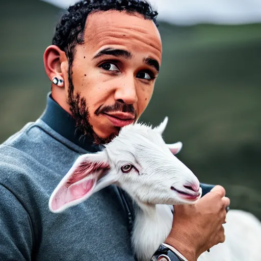 Prompt: lewis hamilton holding a baby goat, ( sony a 7 r iv, symmetric balance, polarizing filter, photolab, lightroom, 4 k, dolby vision, photography award, vogue )