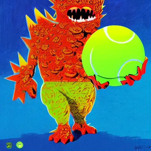 Image similar to a tennis ball monsters ,tennis ball, colorful, digital art, fantasy, magic, trending on artstation, ultra detailed, professional illustration poster by Basil Gogos