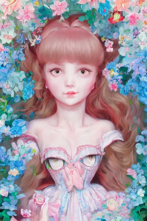 Image similar to Portrait of a doll in alice in wonderland art by Hikari Shimoda, Trending on artstation, artstationHD, artstationHQ, 4k, 8k