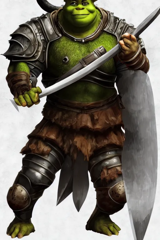 Image similar to A realistic anime portrait of Shrek, warrior, D&D, two handed Axe, full body plated armor, dungeons and dragons, tabletop role playing game, rpg, jrpg, digital painting, by Stanley Artgerm Lau, Frank frazzeta, WLOP and Rossdraws, digtial painting, trending on ArtStation, SFW version