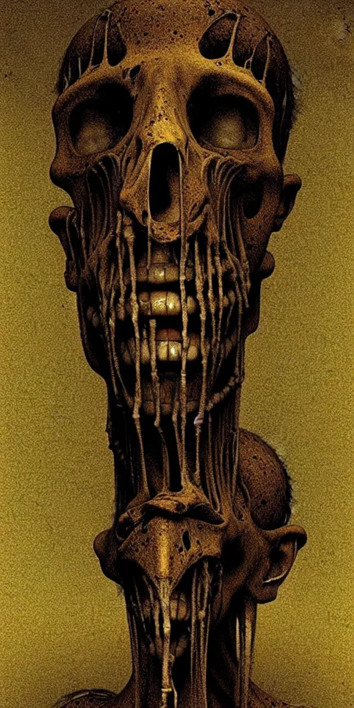 Image similar to illustration of Sirenhead, tall humanoid skeletal creature covered in mummified flesh with two old siren speakers for a head, highly detailed, cinematic atmosphere, dramatic lighting, horror, creepy, folklore, by Beksiński,