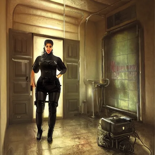 Prompt: kim kardashian as a cop, full body view, full pov, haunted house interior, pretty, aesthetic, dust molecules, matte detailed photo, DeviantArt, Artstation, by donato giancola, ralph horley, loish, cinematic lighting