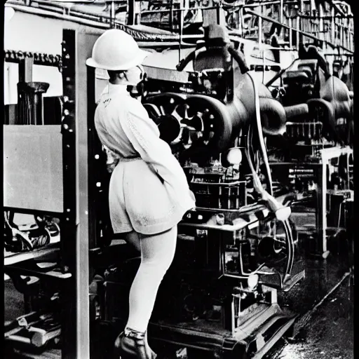 Image similar to vintage monochrome photograph of Britney Spears working in a munitions factory, 8k, highly detailed, highly intricate,