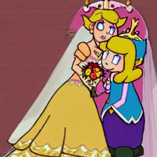 Prompt: the lesbian wedding of princess peach and princess zelda, photo, photograph, circa 2 0 1 4, wedding photo