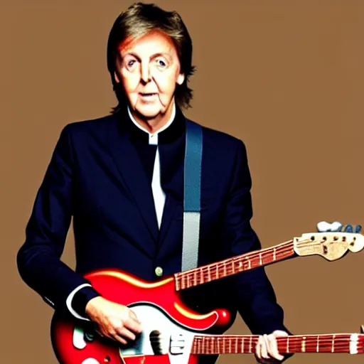 Image similar to Paul McCartney playing a Squier Hello Kitty Stratocaster, 8k, high definition, highly detailed, photorealistic