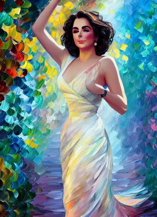 Image similar to elizabeth taylor detailed clothing, half body shot, arms down, path traced, highly detailed, high quality, digital painting, alena aenami, leonid afremov, lilia alvarado, shinji aramaki, karol bak, alphonse mucha, tom bagshaw