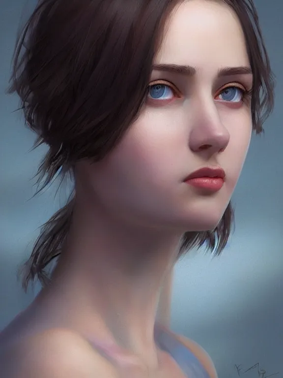 Image similar to beautiful ukrainian girl with brown eyes and dark short bob hairstyle and small nose, au naturel, blue eyes, hyper detailed, digital art, trending in artstation, cinematic lighting, studio quality, smooth render, unreal engine 5 rendered, octane rendered, concept art, smooth, sharp focus, illustration, art by artgerm and greg rutkowski and krenz cushart