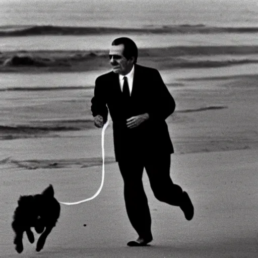 Image similar to Richard Nixon running with his dog on the beach. 1981, AP Photo.