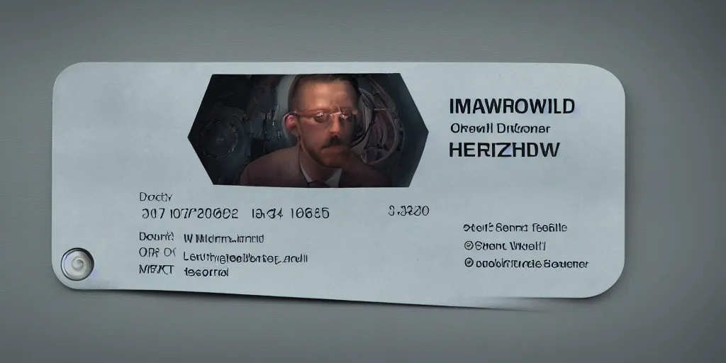 Image similar to Orwellian ID Card held by marketing professional, hyper detailed, terror glows, hyper realistic, digital painting, 8k, 35mm film grain, octane render