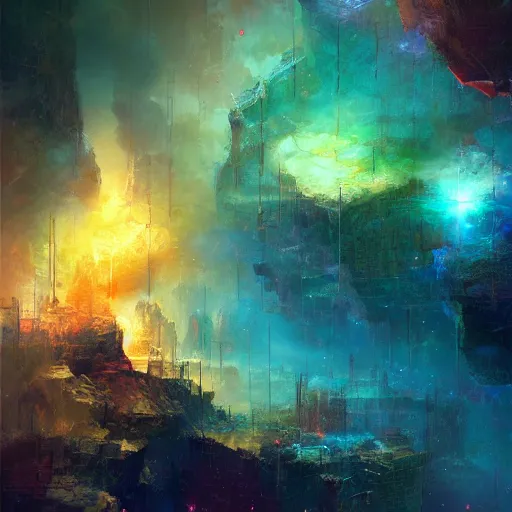 Image similar to neuromorphic god in this multi - dimensional latent spaceby marc simonetti, colour, hyper detail, 8 k, universe, nebula, burst of colour, imaginary, concept art, out of this world, depth, incredible depth