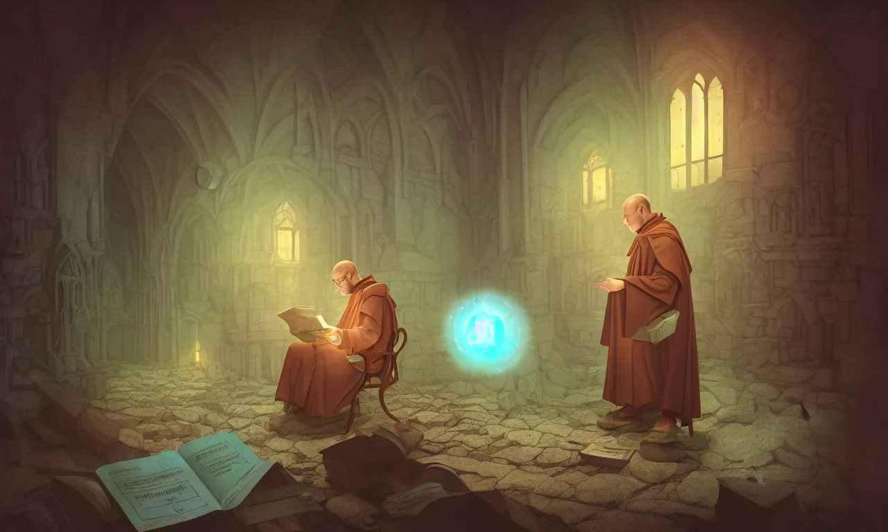 Prompt: monastery, kerberos realm, service ticket close up, wizard reading a directory, nordic pastel colors, abandoned railroad, 3 d art, digital illustration, perfect lighting