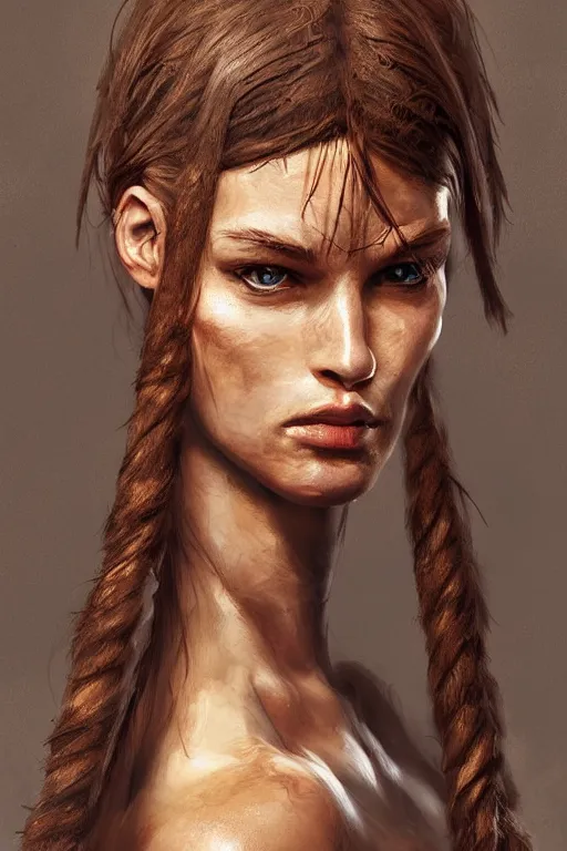 Image similar to head and legs portrait of a barbarian female, ultra sharp, very detailed, high quality focus by wlop