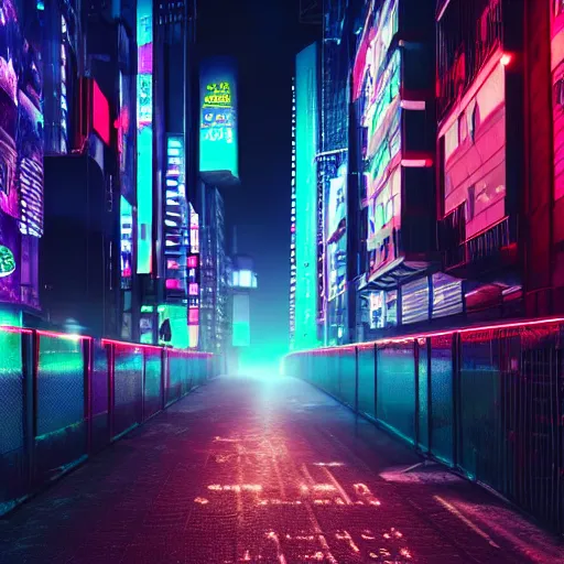 Image similar to cyberpunk street in the night, neon lights in the background, foggy, 8k, high detail