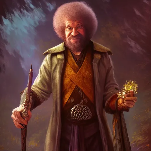 Image similar to a portrait of a Bob Ross as a warlock ,Grim fantasy, D&D, HDR, natural light, shoulder level shot, dynamic pose, award winning photograph, Mucha style 4k,