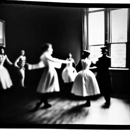 Prompt: pinhole black and white photo of a victorian living room with costumed people dancing