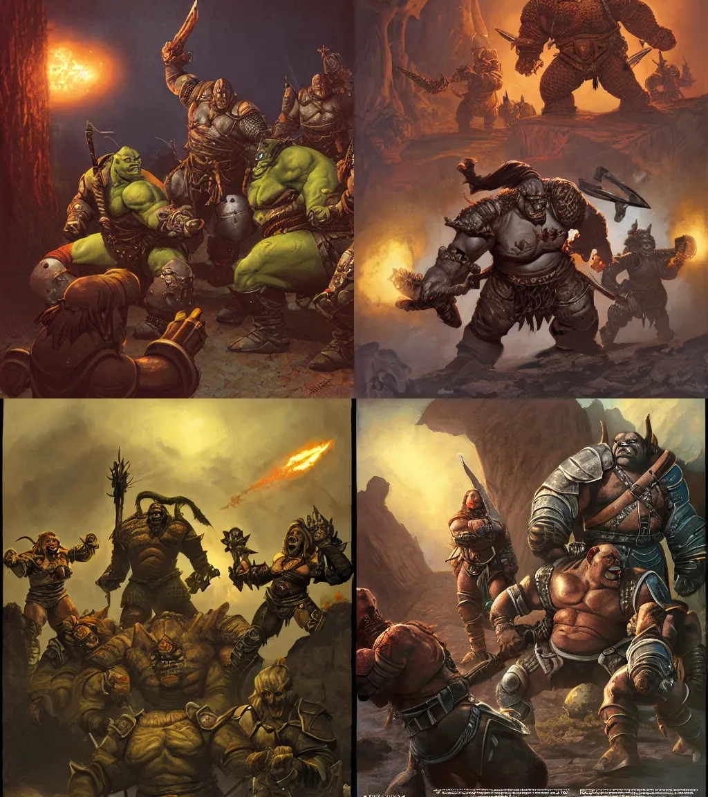 Prompt: a large orc woman wearing leather armor confronting three small soldiers during a siege | hyper detailed | dungeons and dragons | volumetric lighting | style of jeff easley, ralph horsley, frank frazetta | big fat strong orc |