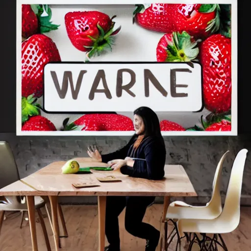 Prompt: A 10ft by 10ft art studio, a strawberry is sitting at the table in the middle of the room with an apple on the table, woman his holding a sign, table is centered