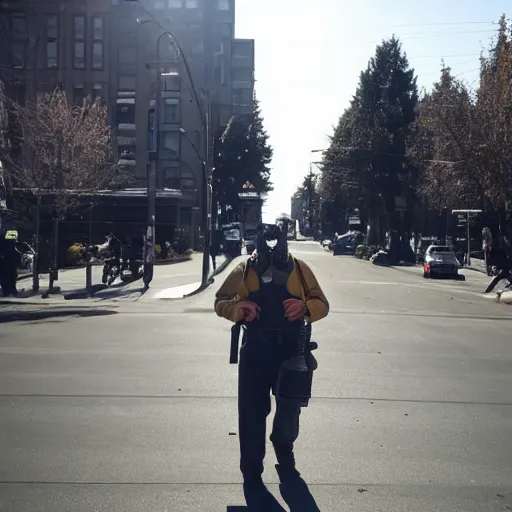 Image similar to man in a gasmask screaming walking down the streets of seattle, sunlight, sunny day, full shot