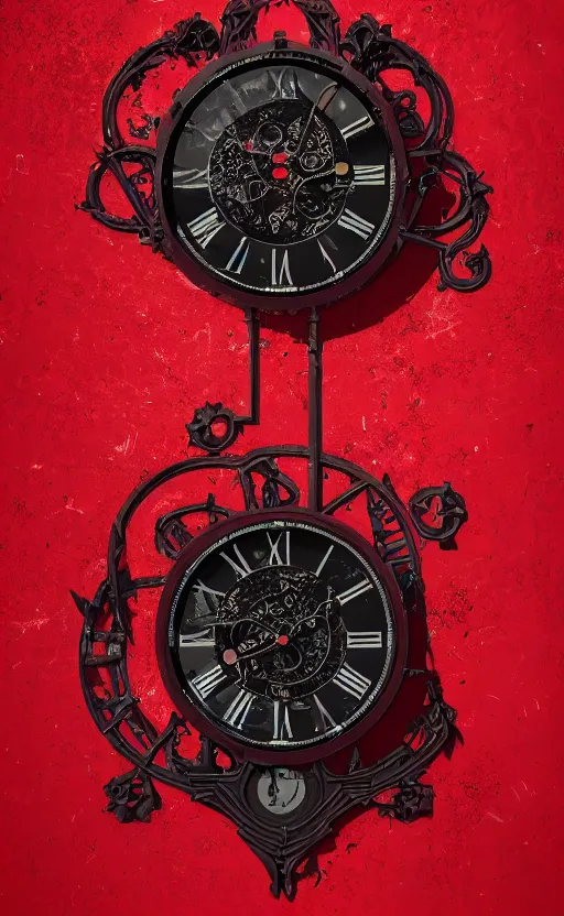 Prompt: a melting Roman numeral clock, behind a red and black gradient background, dynamic lighting, photorealistic fantasy concept art, trending on art station, stunning visuals, cinematic, creative, ultra detailed