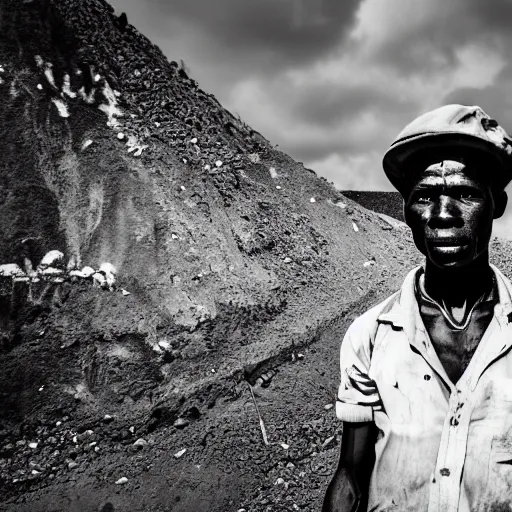 Image similar to black and white photo, portrait of Congo mineworker by Stephan vanfleteren, realistic, Leica, medium format, cinematic lighting, parallax, high resolution,