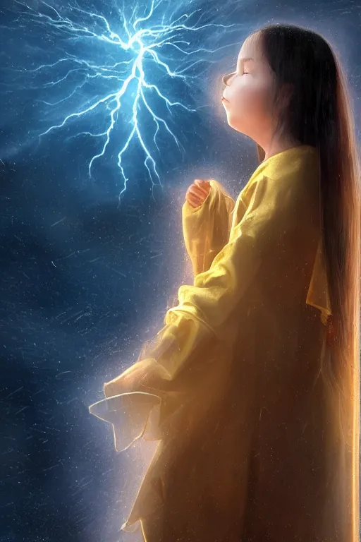 Prompt: a young girl with flowing black hair and chequered robe is watching a storm inside a symmetrical fantasy crystal. atmospheric, 4 k, highly detailed. surrounded by golden rays of light