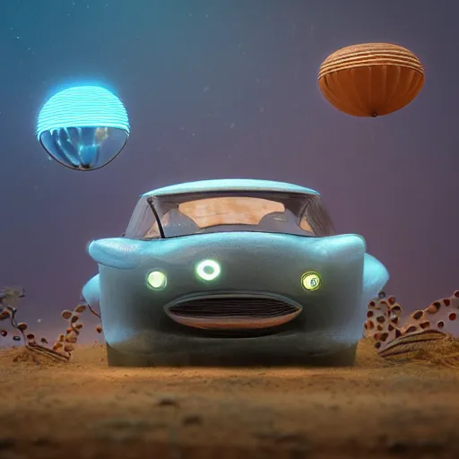 Image similar to tiny wooden flying car, plankton, floating, rbc, radiolaria, protophyta, micro - organisms, center frame, symmetric, rim light, marine microbiology, bioluminescence, electric, soft, concept art, intricate details, highly detailed, colorful, photorealistic, disney pixar, octane render, iridescent, anime, 8 k