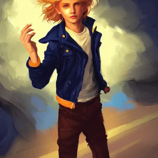 Image similar to colorful and festive captivating young boy with wavy blonde hair, navy blue jacket and blue shorts, with big brown boots. rich vivid colors, ambient lighting, dynamic lighting, 4 k, atmospheric lighting, painted, intricate, highly detailed by charlie bowater