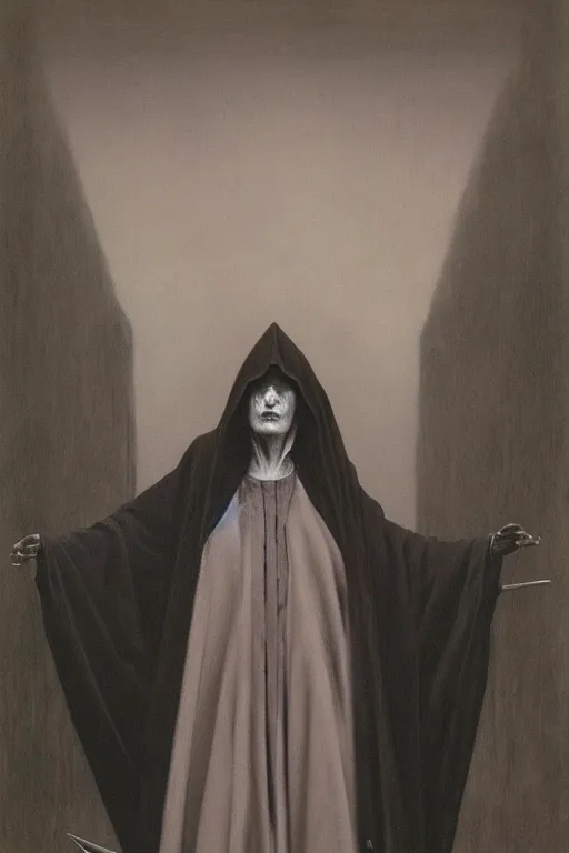 Prompt: a vampire wearing a long black robe with large bat ears and gray sin, character art, painting by zdzisław beksinski