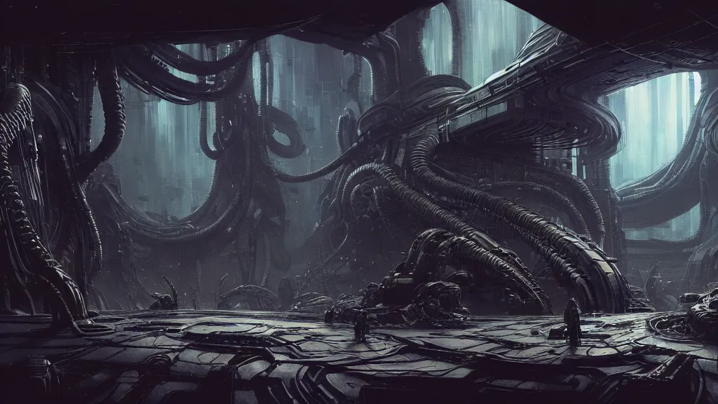 Image similar to Sci-fi environment set in a nightmarish universe of odd forms and somber tapestry, HR Giger, Wadim Kashin, in Peter Elson color scheme, featured in artstation, octane render, cinematic, elegant, intricate, 8k