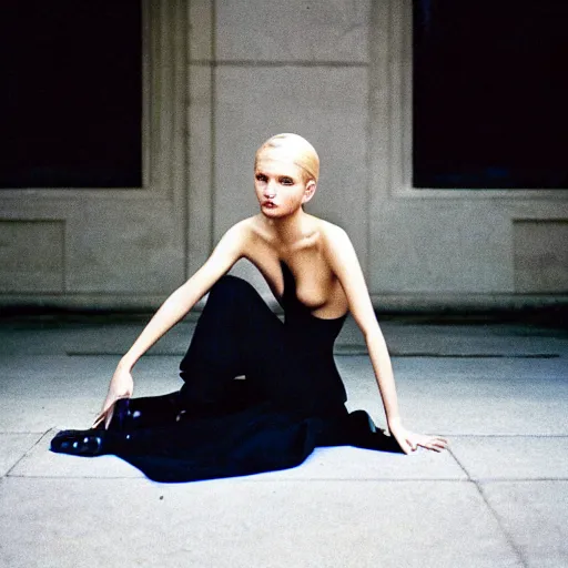 Image similar to realistic photoshoot for a new balenciaga lookbook, color film photography, portrait of a beautiful blonde woman, in style of nan goldin, 35mm