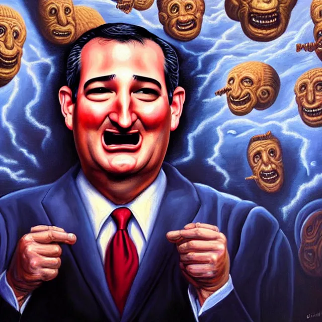 Image similar to an oil on canvas portrait painting of ted cruz doing a speech about the republican party, surrealism, surrealist, cosmic horror, rob gonsalves, high detail