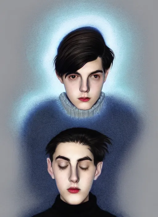 Image similar to portrait of teenage jughead jones wearing a light grey crown, crown, blue turtleneck, 1 9 5 0 s, closed eyes, photorealistic, black hair, glowing lighting, intricate, elegant, glowing lights, highly detailed, digital painting, artstation, concept art, smooth, sharp focus, illustration, art by wlop, mars ravelo and greg rutkowski