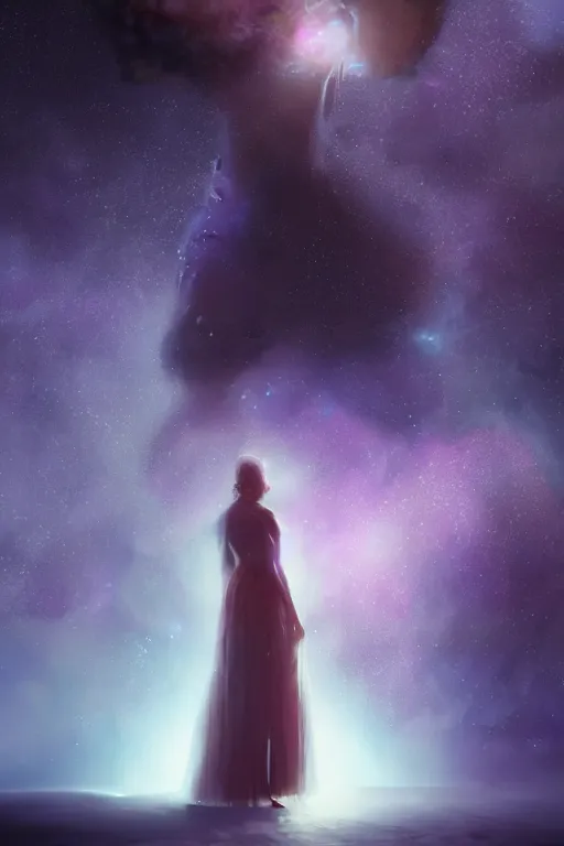 Image similar to a woman, wearing a dress made of stars and nebulae, dramatic, volumetric lighting, planets in the background, smooth, sharp focus, very detailed, by greg rutkowski, artstation, tom badshaw, 8 k, symmetrical face