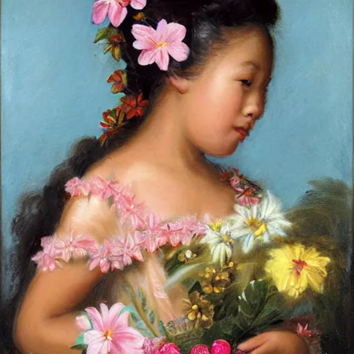 Prompt: Hawaiian girl, flowers, rococo