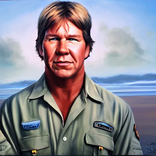 Image similar to a symmetrical portrait of a steve irwin, oil painting, pale colors, high detail, 8 k, wide angle, trending on artstation,