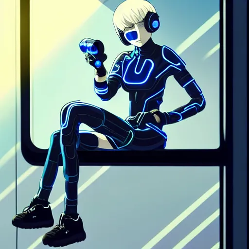 Prompt: cyborg - girl with silver hair, wearing headphones, and sitting on a window sill, highly detailed, painting, dark blue and black color palette, intricate, high quality anime artstyle, in the style of ilya kuvshinov