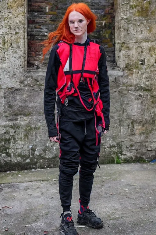 Prompt: beautiful red haired british woman in techwear, techwear look and clothes, hyper-maximalist, highly-detailed and intricate, ACRNYM, Errolson Hugh, Y3, trending on r/streetwear, outfit photo, we see them from head to toe