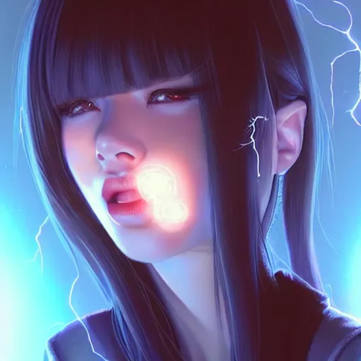 Image similar to cute girl electrocuted, sparks, lightning, occlusion shadow, specular reflection, rim light, unreal engine, range murata, artstation, pinterest, art by hiroaki samura and ilya kuvshinov and rossdraws, intricate, highly detailed 8 k, art deco illustration, realistic, extremely beautiful shape of face, neck, shoulders eyes