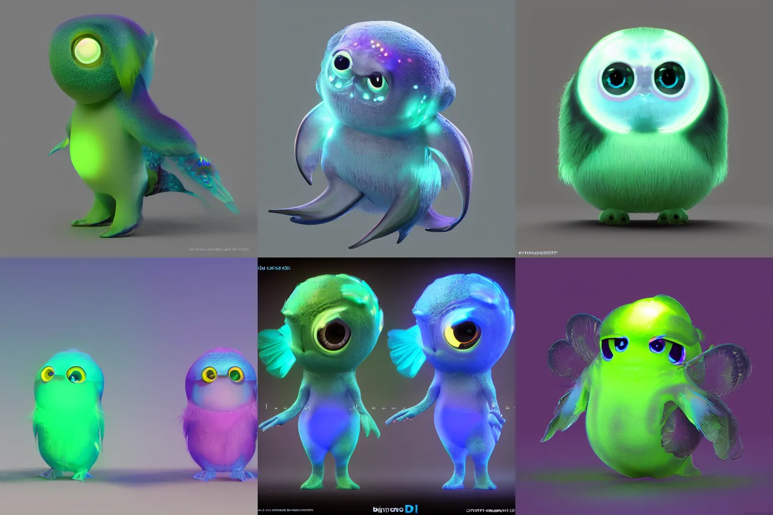 Prompt: cute! bioluminescent translucent c4d, SSS, unreal engine, pixar, Barreleye, rimlight, jelly fish dancing, fighting, bioluminescent screaming feathers pictoplasma characterdesign toydesign toy monster bird of paradise creature, zbrush, octane, hardsurface modelling, artstation, cg society, by greg rutkowksi, by Eddie Mendoza, by Peter mohrbacher, by tooth wu