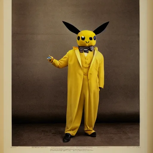 Prompt: elegant man dressed up as pikachu, art photo by Annie Liebovitz and Alphonse Mucha